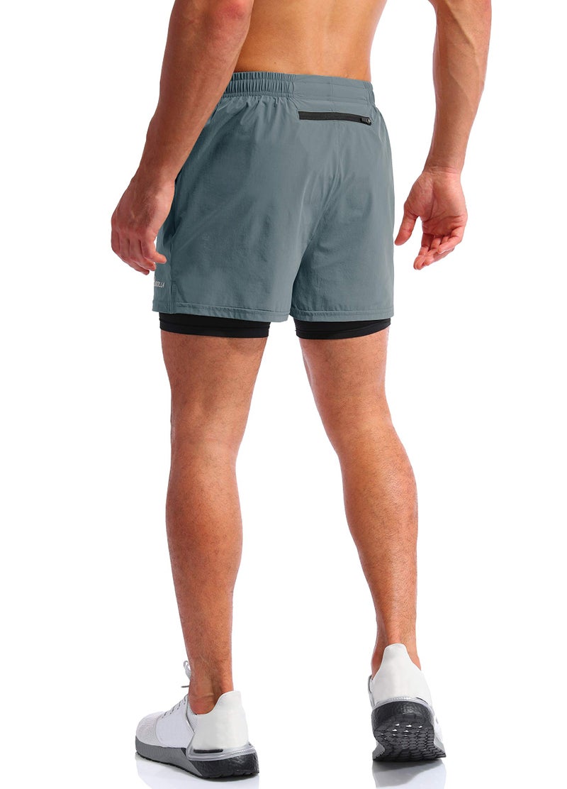 Pudolla Menâ€™s 2 in 1 Running Shorts 5" Quick Dry Gym Athletic Workout Shorts for Men with Phone Pockets(Arona Blue Small) - Image 4